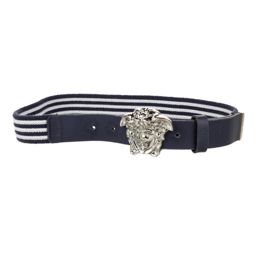 Versace Kids Navy and White Belt with Silver Medusa Buckle